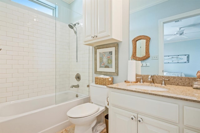 full bathroom featuring toilet, vanity, ensuite bathroom, tub / shower combination, and ornamental molding