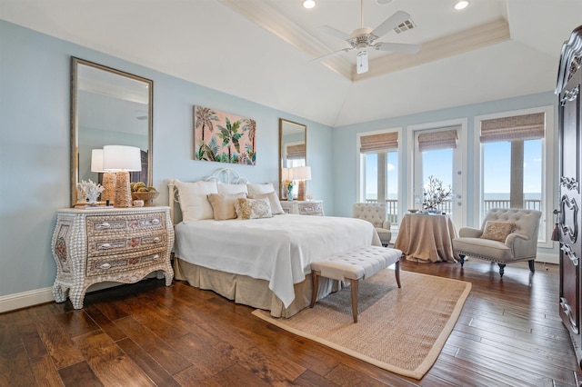 bedroom with dark wood-type flooring, baseboards, visible vents, and recessed lighting