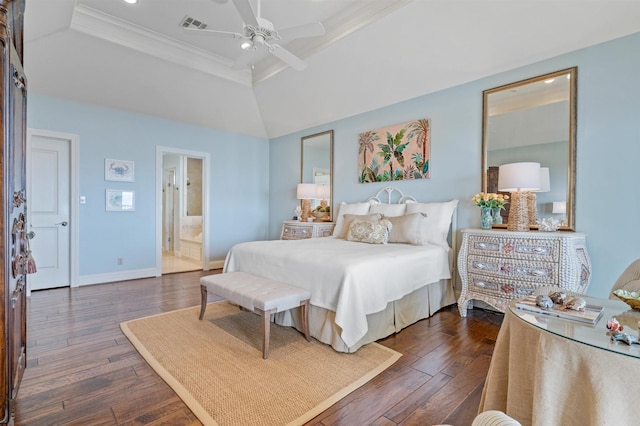 bedroom featuring visible vents, dark wood-type flooring, baseboards, and crown molding