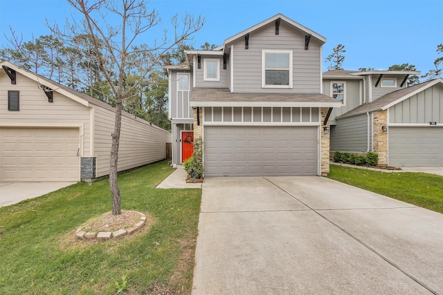 165 Camelot Place Ct, Conroe, TX 77304 - view of front facade featuring roof with shingles, a front lawn, driveway, a garage, and board and batten siding