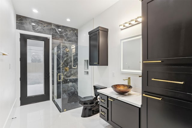 3902 Charleston St, Houston, TX 77021 - bathroom featuring vanity, a marble finish shower, recessed lighting, and marble finish floors