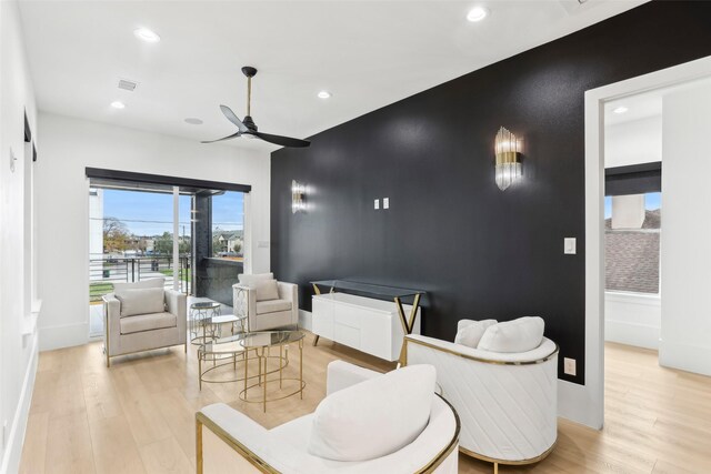 3902 Charleston St, Houston, TX 77021 - living room featuring ceiling fan, light wood-type flooring, and recessed lighting