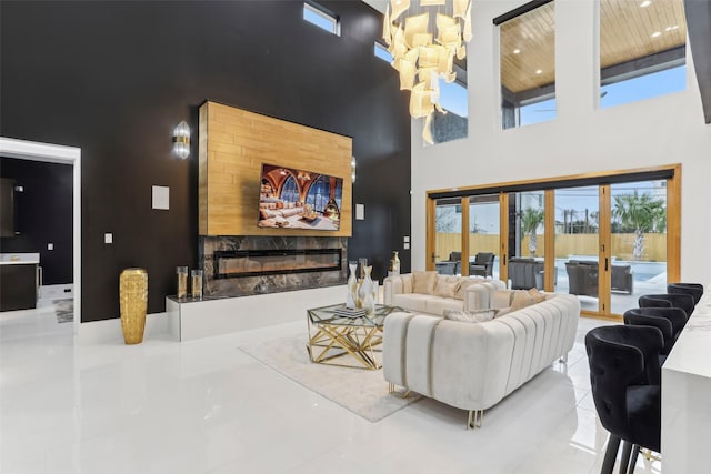 3902 Charleston St, Houston, TX 77021 - tiled living room with a fireplace, a high ceiling, wood ceiling, and recessed lighting