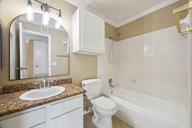 bathroom featuring a textured ceiling, visible vents, crown molding, toilet, and shower / tub combination