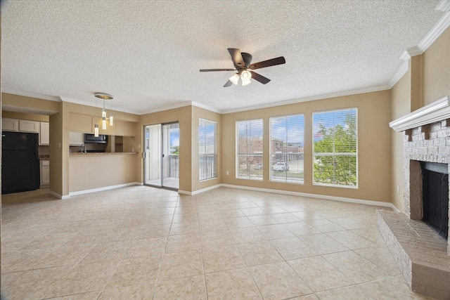 unfurnished living room with a ceiling fan, ornamental molding, a fireplace, and light tile patterned floors