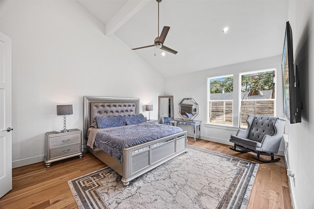 3402 Asher Landing Ln, Houston, TX 77080 - bedroom featuring baseboards, a ceiling fan, beamed ceiling, high vaulted ceiling, and wood-type flooring