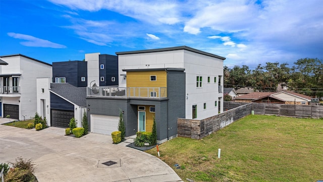 3402 Asher Landing Ln, Houston, TX 77080 - contemporary house with a garage, fence, a balcony, a front lawn, and driveway