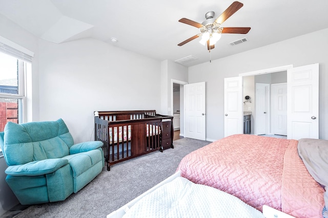 23818 Northwood Terrace Ln, Katy, TX 77493 - carpeted bedroom with a ceiling fan, vaulted ceiling, and visible vents
