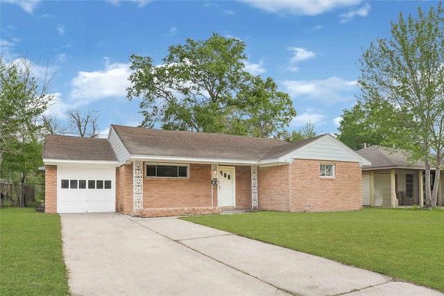 ranch-style house with an attached garage, a front yard, brick siding, roof with shingles, and driveway
