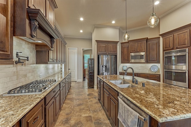 21610 Harbor Water Dr, Cypress, TX 77433 - kitchen featuring a sink, appliances with stainless steel finishes, tasteful backsplash, a large island with sink, and light stone counters