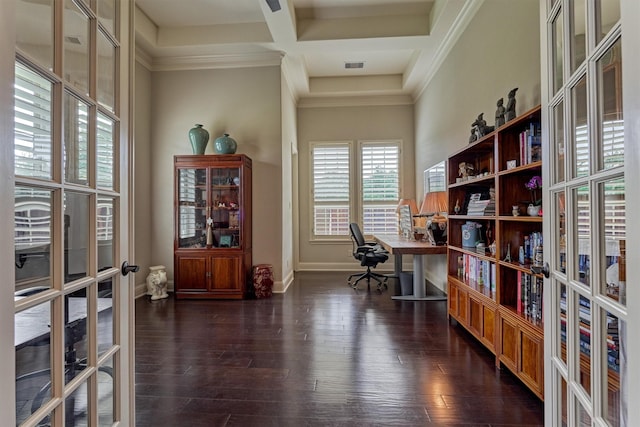 21610 Harbor Water Dr, Cypress, TX 77433 - office area featuring french doors, baseboards, coffered ceiling, dark wood-style floors, and ornamental molding