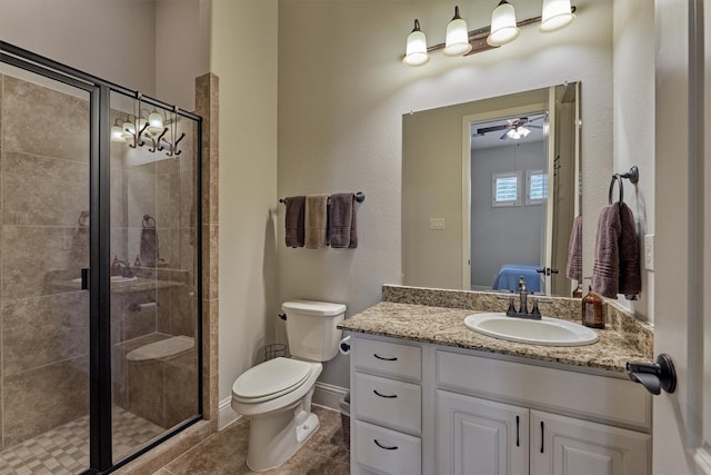 21610 Harbor Water Dr, Cypress, TX 77433 - full bath with ceiling fan, a stall shower, toilet, and vanity