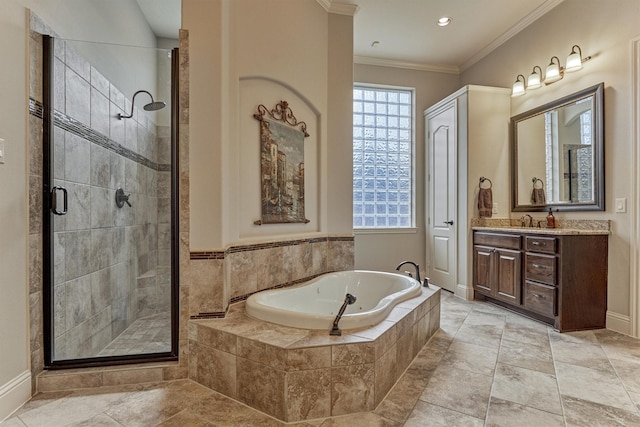 21610 Harbor Water Dr, Cypress, TX 77433 - bathroom featuring a shower stall, a garden tub, vanity, ornamental molding, and baseboards