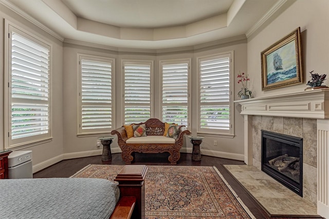 21610 Harbor Water Dr, Cypress, TX 77433 - bedroom with dark wood-type flooring, a fireplace, baseboards, and a raised ceiling