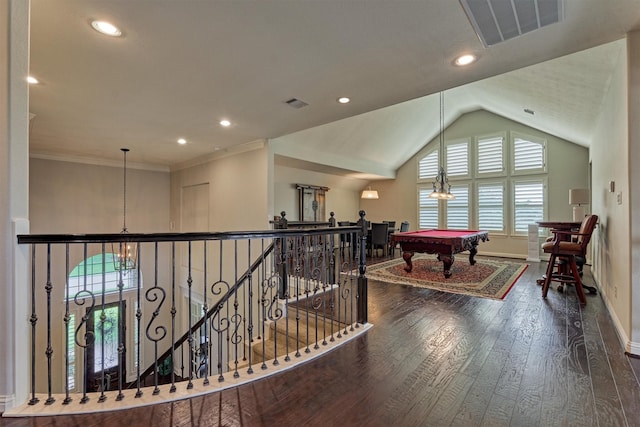 21610 Harbor Water Dr, Cypress, TX 77433 - playroom featuring pool table, hardwood / wood-style floors, recessed lighting, vaulted ceiling, and a chandelier