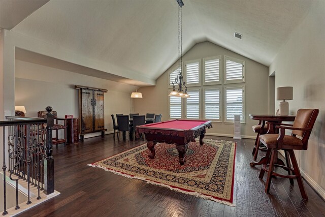 21610 Harbor Water Dr, Cypress, TX 77433 - game room featuring pool table, wood finished floors, baseboards, and high vaulted ceiling