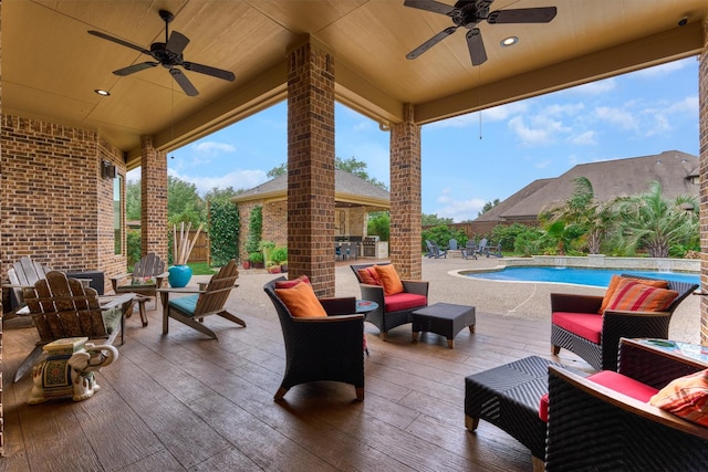 21610 Harbor Water Dr, Cypress, TX 77433 - fenced backyard featuring a ceiling fan, an outdoor living space, an outdoor pool, and a patio area