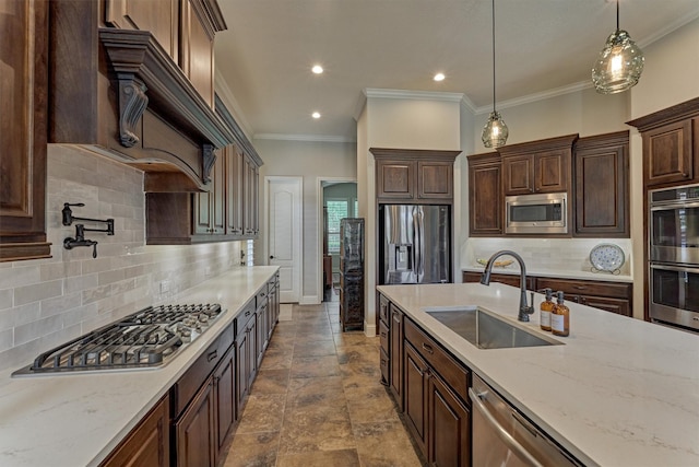 21610 Harbor Water Dr, Cypress, TX 77433 - kitchen featuring stainless steel appliances, dark brown cabinets, decorative light fixtures, crown molding, and light stone counters