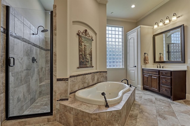 21610 Harbor Water Dr, Cypress, TX 77433 - bathroom featuring a bath, a stall shower, vanity, crown molding, and recessed lighting