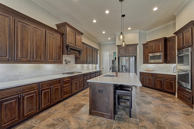 21610 Harbor Water Dr, Cypress, TX 77433 - kitchen featuring stainless steel appliances, recessed lighting, a breakfast bar, backsplash, and light countertops