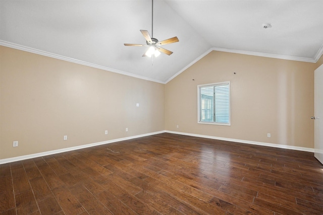 spare room featuring baseboards, vaulted ceiling, dark wood-type flooring, and a ceiling fan