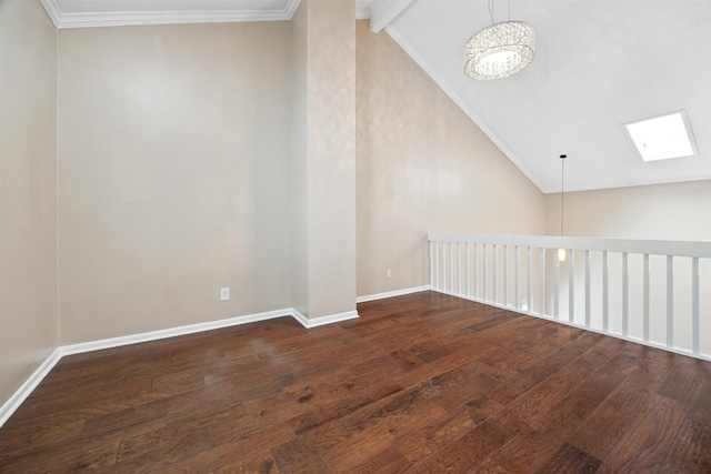 bonus room featuring wood-type flooring, baseboards, vaulted ceiling with skylight, and a chandelier