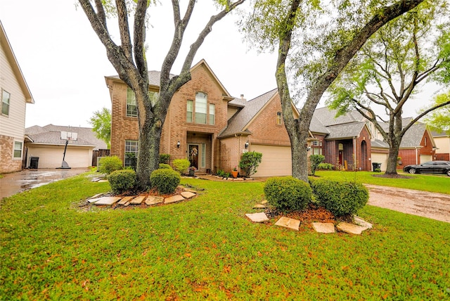 6019 Spanish Oak Dr, Pasadena, TX 77505 - traditional-style house featuring concrete driveway, brick siding, a front yard, and a garage