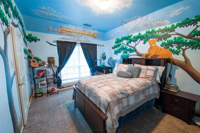 6019 Spanish Oak Dr, Pasadena, TX 77505 - bedroom featuring carpet flooring, a textured ceiling, and visible vents