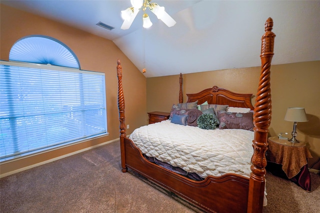 6019 Spanish Oak Dr, Pasadena, TX 77505 - bedroom with vaulted ceiling, visible vents, carpet, and ceiling fan