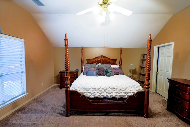 6019 Spanish Oak Dr, Pasadena, TX 77505 - carpeted bedroom with baseboards, vaulted ceiling, visible vents, and a ceiling fan