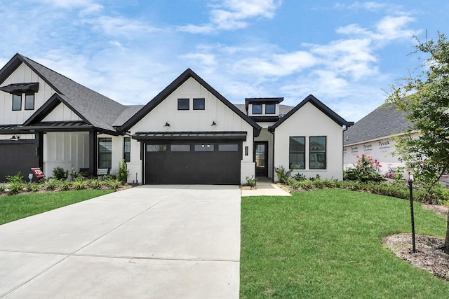 14647 Cedar Elm Ct, Willis, TX 77318 - modern inspired farmhouse with board and batten siding, a standing seam roof, a front lawn, driveway, and a metal roof