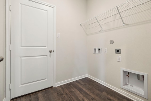 clothes washing area with laundry area, baseboards, dark wood-style floors, electric dryer hookup, and washer hookup