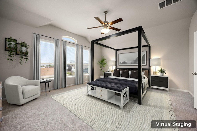 bedroom featuring vaulted ceiling, baseboards, visible vents, ceiling fan, and carpet