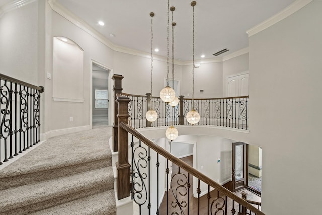 5730 Balcones Ridge Ln, Houston, TX 77059 - stairs featuring recessed lighting, carpet flooring, ornamental molding, baseboards, and visible vents
