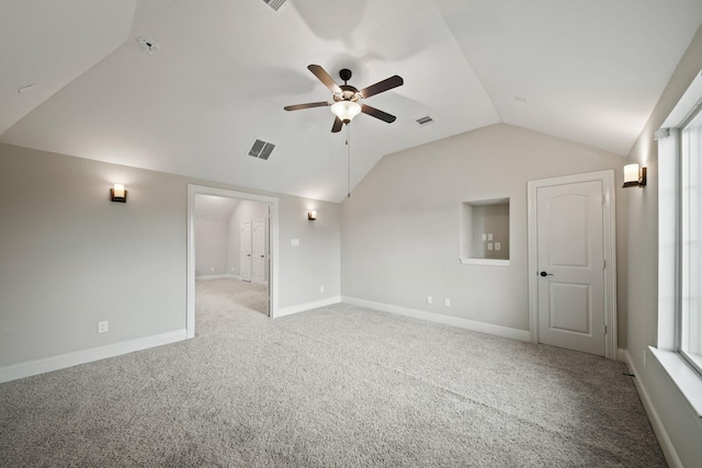 5730 Balcones Ridge Ln, Houston, TX 77059 - carpeted empty room with visible vents, baseboards, lofted ceiling, and ceiling fan