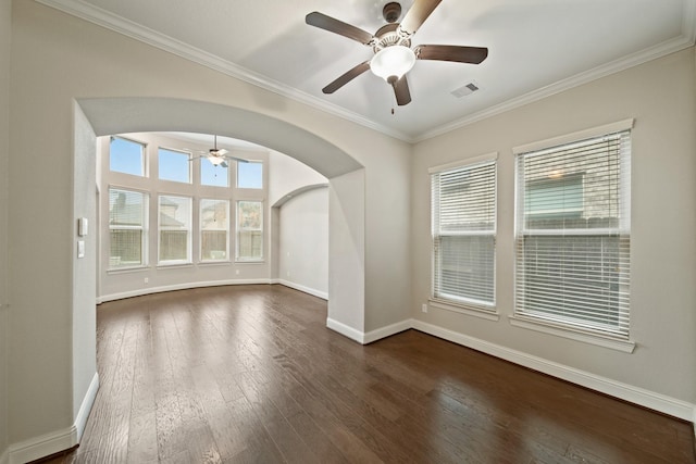 5730 Balcones Ridge Ln, Houston, TX 77059 - unfurnished room featuring visible vents, arched walkways, dark wood-type flooring, and a ceiling fan