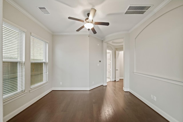 5730 Balcones Ridge Ln, Houston, TX 77059 - empty room featuring dark wood-style floors, visible vents, crown molding, and baseboards