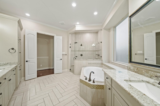 5730 Balcones Ridge Ln, Houston, TX 77059 - bathroom with ornamental molding, a shower stall, a sink, two vanities, and a bath