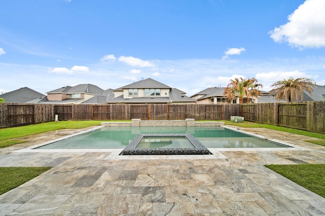 5730 Balcones Ridge Ln, Houston, TX 77059 - view of swimming pool with a fenced backyard, a residential view, a pool with connected hot tub, and a yard