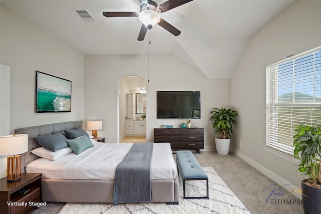 5730 Balcones Ridge Ln, Houston, TX 77059 - bedroom with arched walkways, lofted ceiling, visible vents, and baseboards