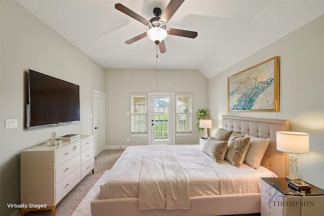 5730 Balcones Ridge Ln, Houston, TX 77059 - bedroom with access to outside, lofted ceiling, baseboards, light colored carpet, and ceiling fan