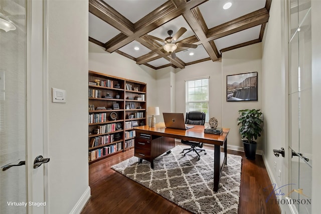 5730 Balcones Ridge Ln, Houston, TX 77059 - home office featuring beam ceiling, dark wood-style flooring, coffered ceiling, and ceiling fan