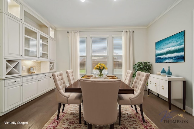 5730 Balcones Ridge Ln, Houston, TX 77059 - dining space with dark wood-style floors and crown molding