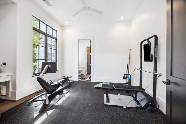 3835 Olympia Dr, Houston, TX 77019 - exercise area featuring a ceiling fan, baseboards, and recessed lighting