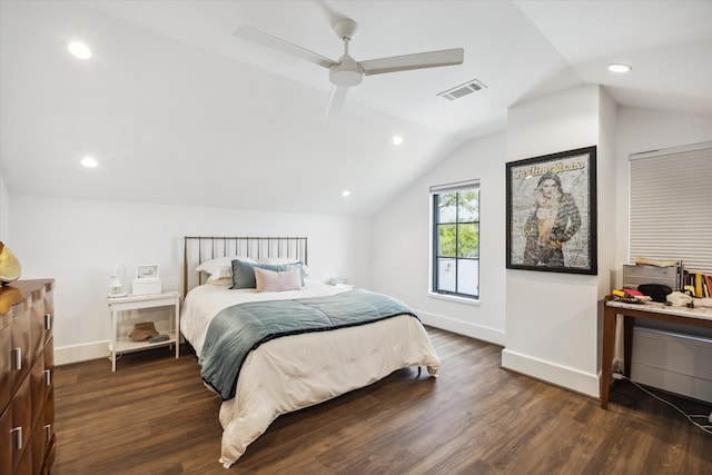 3835 Olympia Dr, Houston, TX 77019 - bedroom featuring dark wood-style floors, lofted ceiling, baseboards, ceiling fan, and recessed lighting