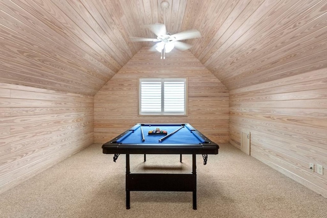1024 Waverly St, Houston, TX 77008 - playroom with wood ceiling, wood walls, lofted ceiling, carpet flooring, and a ceiling fan