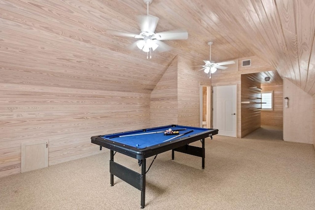 1024 Waverly St, Houston, TX 77008 - recreation room with wood ceiling, light colored carpet, pool table, wooden walls, and ceiling fan