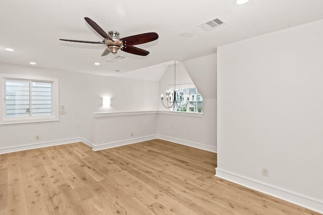 1024 Waverly St, Houston, TX 77008 - empty room featuring a chandelier, light wood-type flooring, recessed lighting, a ceiling fan, and baseboards