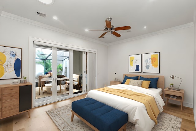 1024 Waverly St, Houston, TX 77008 - bedroom with access to exterior, crown molding, light wood finished floors, recessed lighting, and ceiling fan