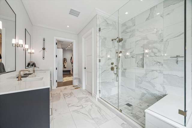 bathroom featuring crown molding, visible vents, marble finish floor, a sink, and a marble finish shower
